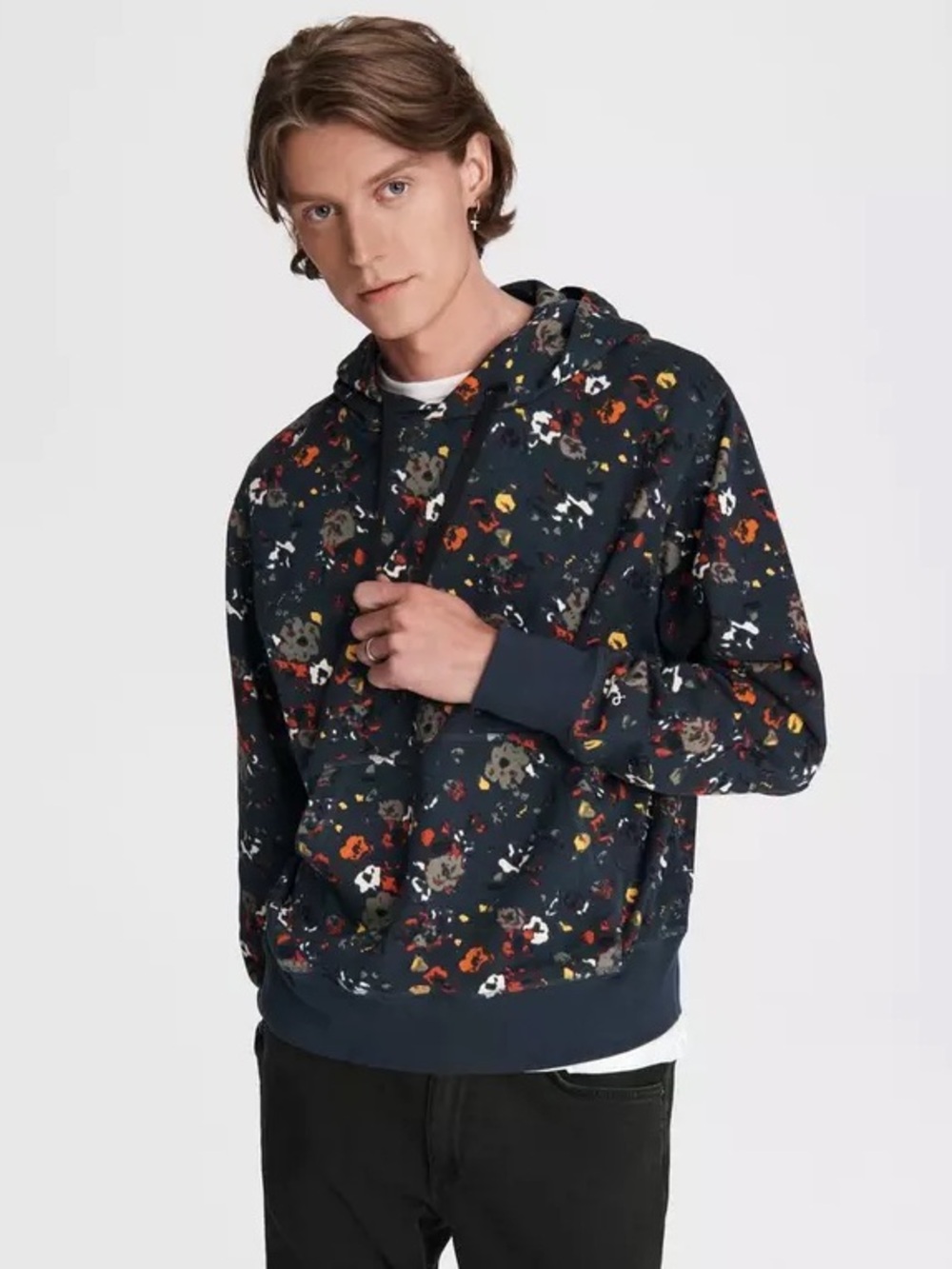 Rag & Bone Men’s City Floral Cotton Hoodie in Navy Blue, Size XS